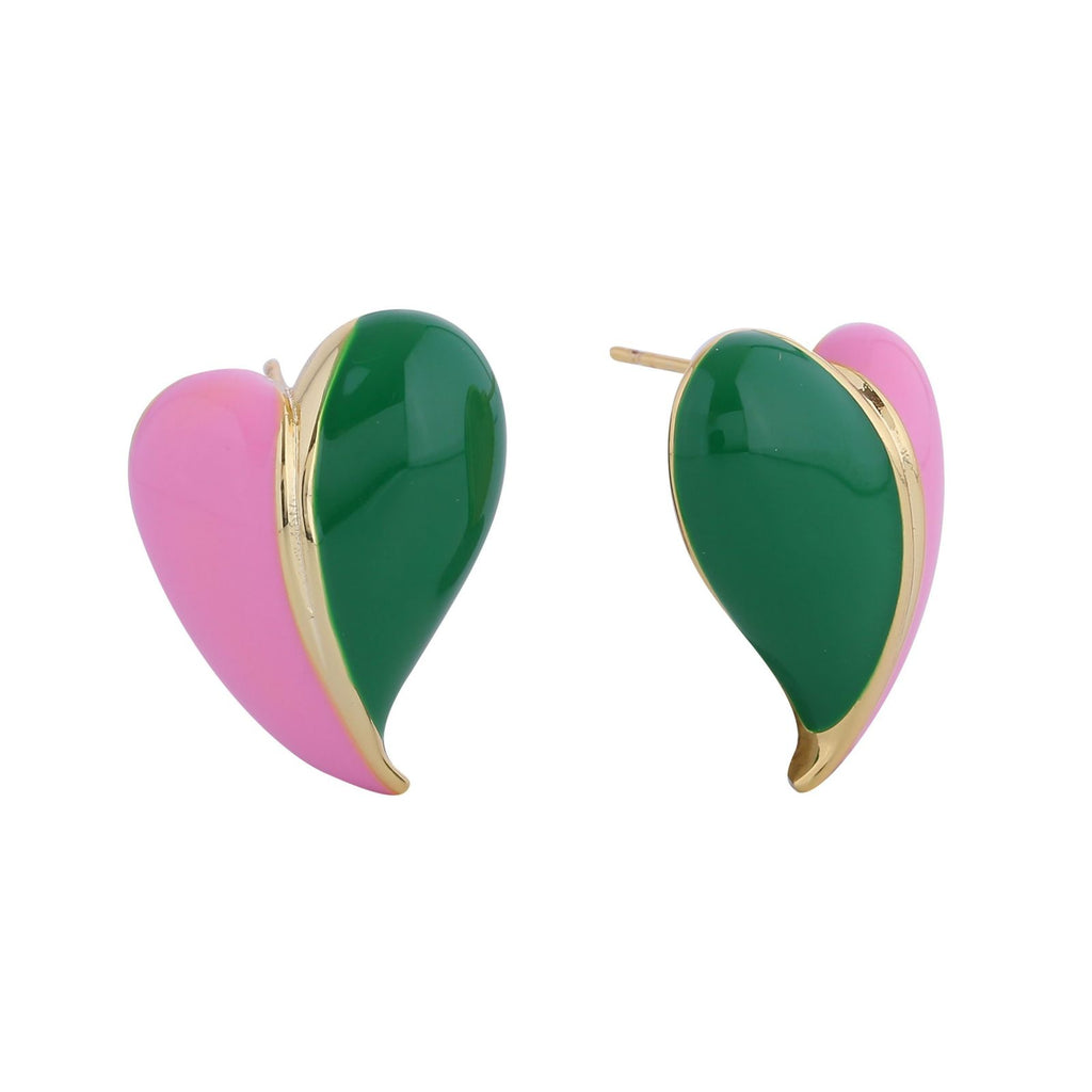 Pink green 14K gold heart stud earrings detail close up heart shape