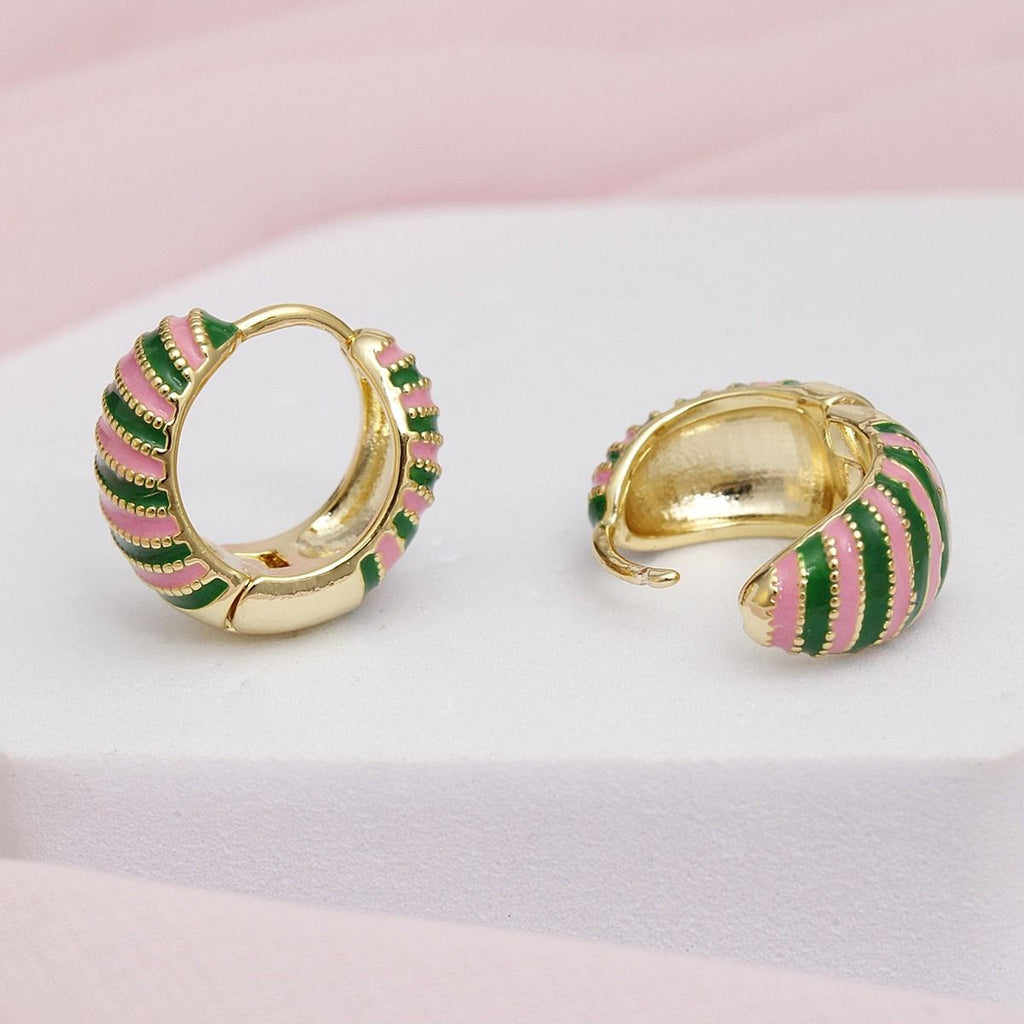 14K gold pink green striped hoop earrings texture detail close up hinge closure