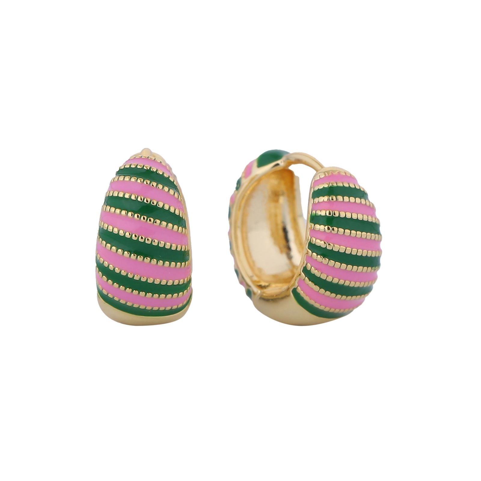 14K gold dipped pink green stripe hoop earrings front view contemporary