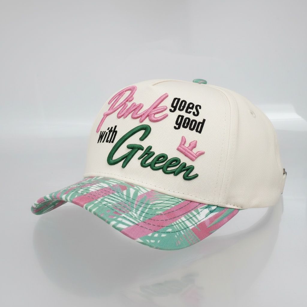 Pink goes good with green hat embroidery close up front panel detail