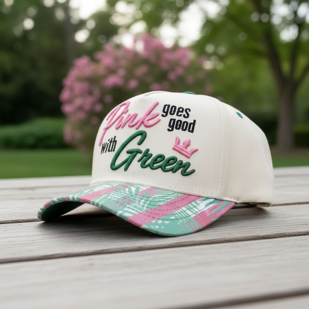 Pink goes good with green cap worn on head women front view