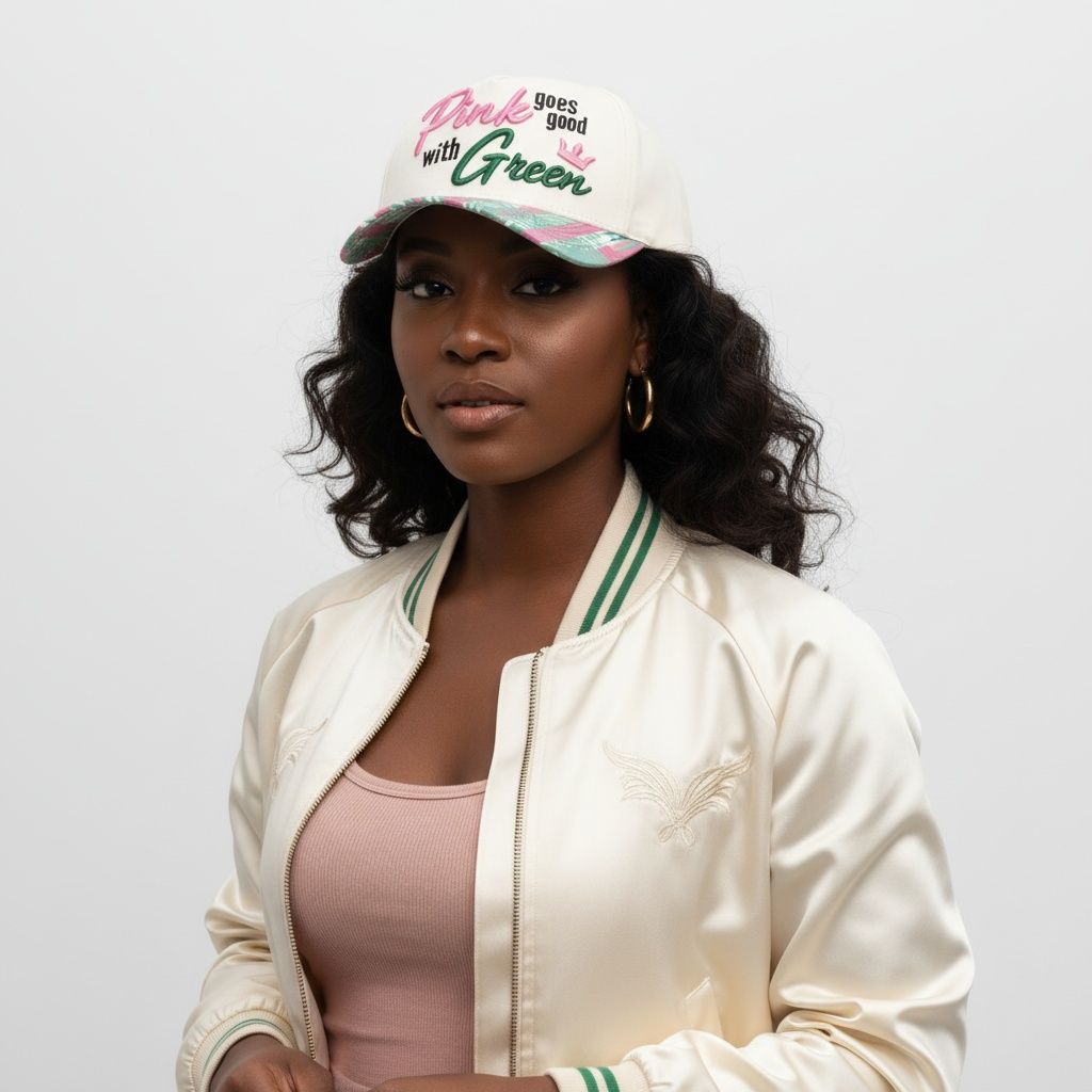 Pink goes good with green hat back view adjustable strap