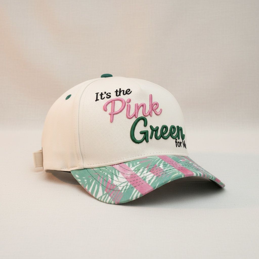 Its the pink green for me hat embroidery detail front panel close up