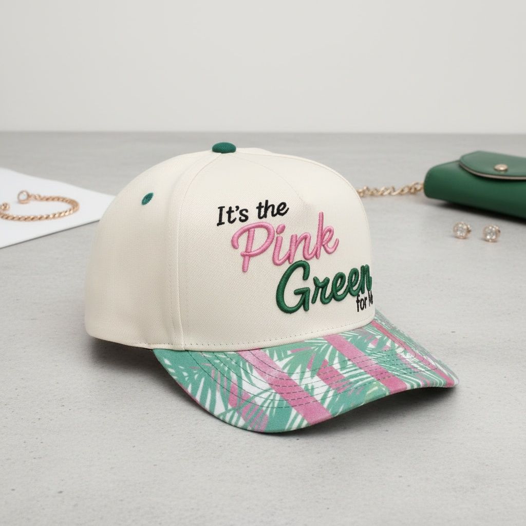 Pink green for me baseball cap worn on head women front view bold