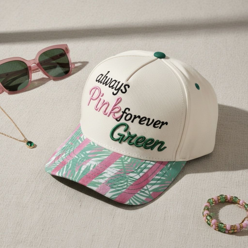 Always pink forever green hat embroidery detail close up front panel