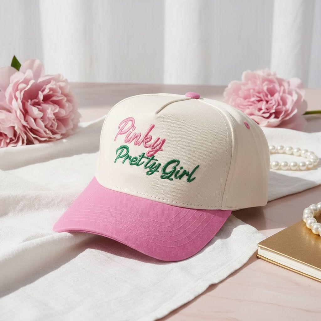 Pinky pretty girl cap embroidery close up front panel detail