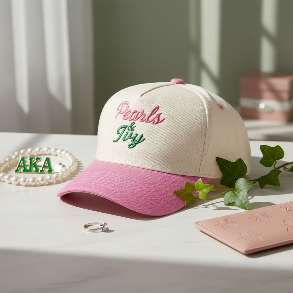 Pink green pearl ivy cap embroidery detail close up front panel