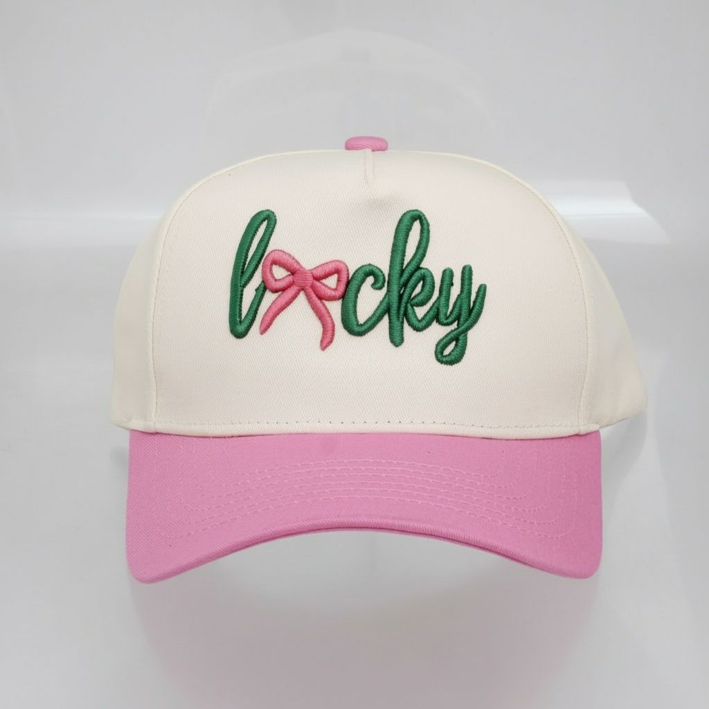 Pink green lucky bow cap embroidery bow detail close up front panel