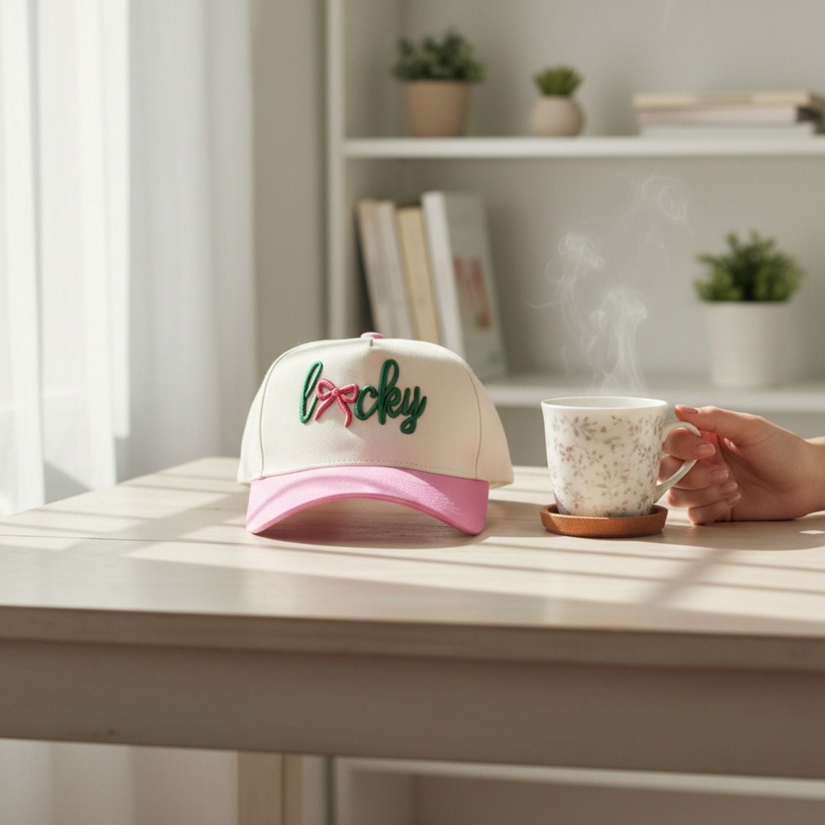 Pink green lucky bow hat side profile view women