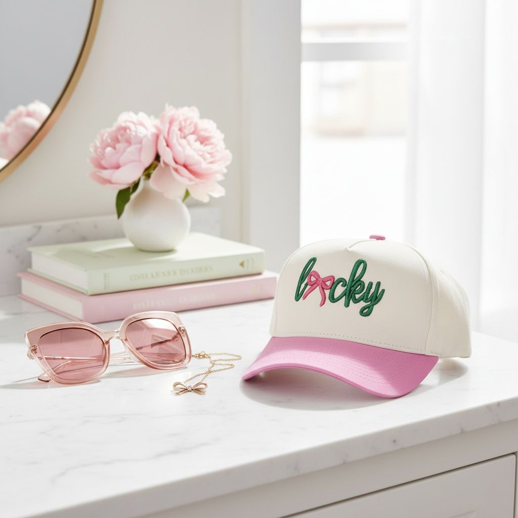 Pink green lucky bow baseball cap worn on head women front view