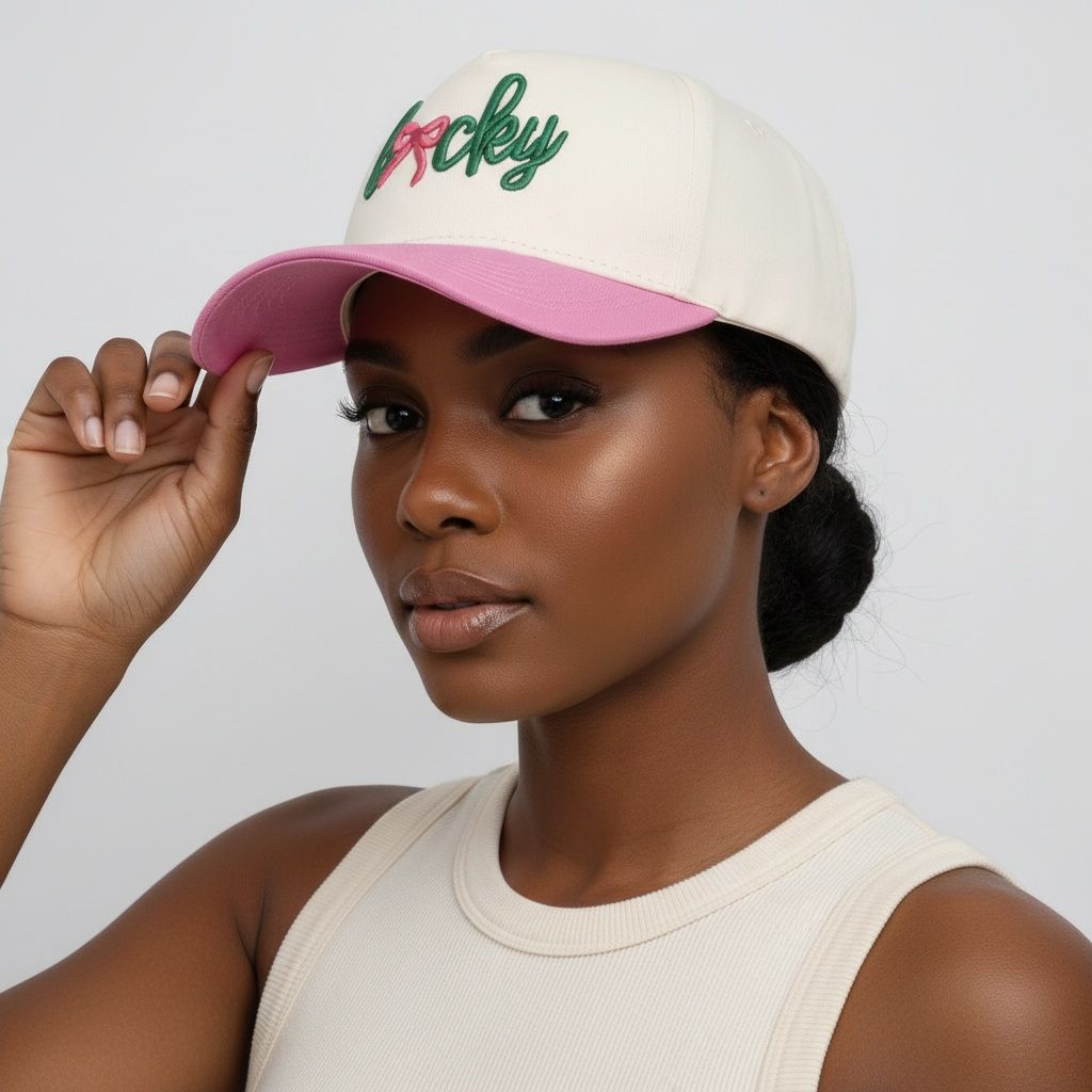 Pink green lucky bow hat women back view adjustable strap