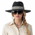 Black straw Panama fedora hat women tribal woven detail summer hat