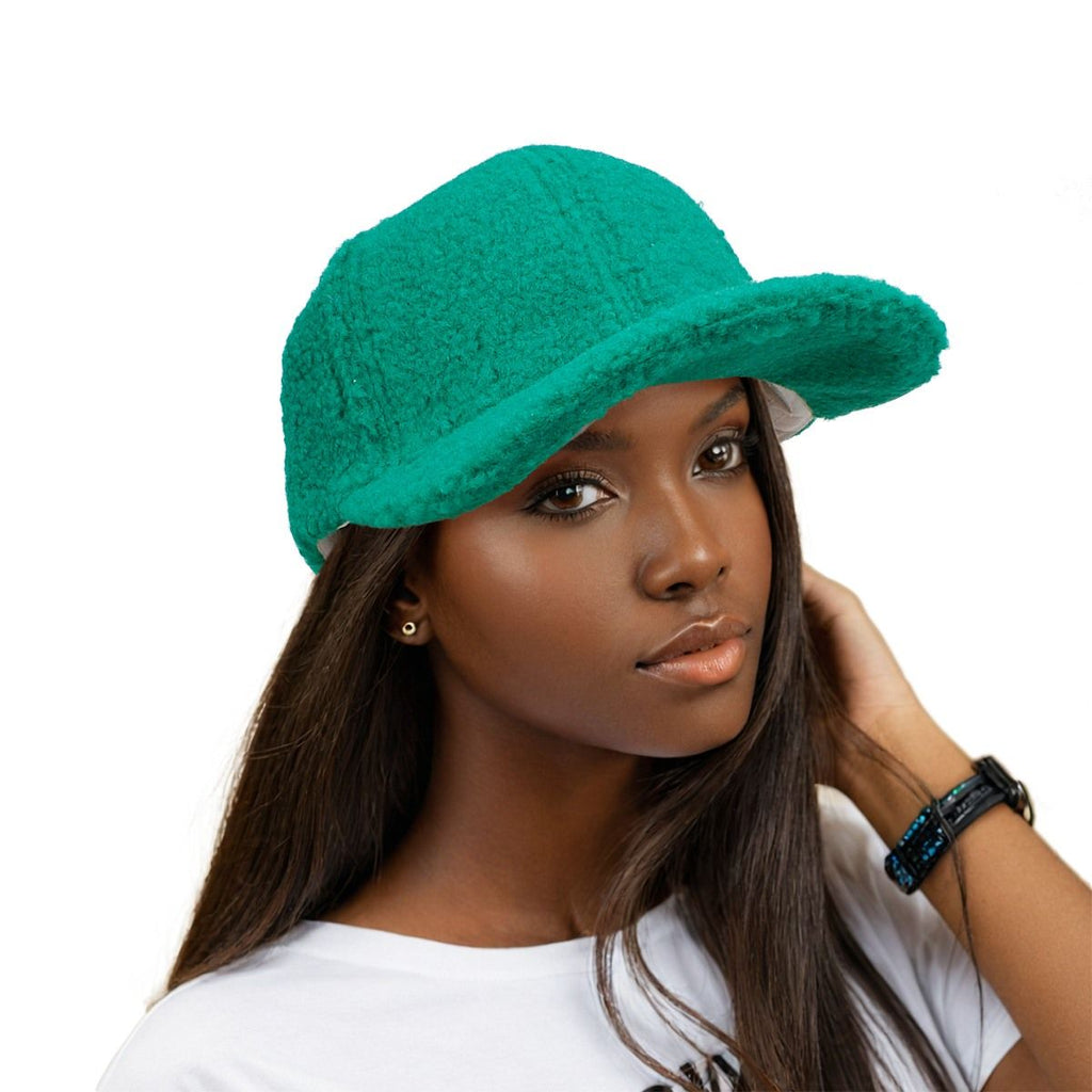 Green sherpa baseball hat gold buckle detail close up side view