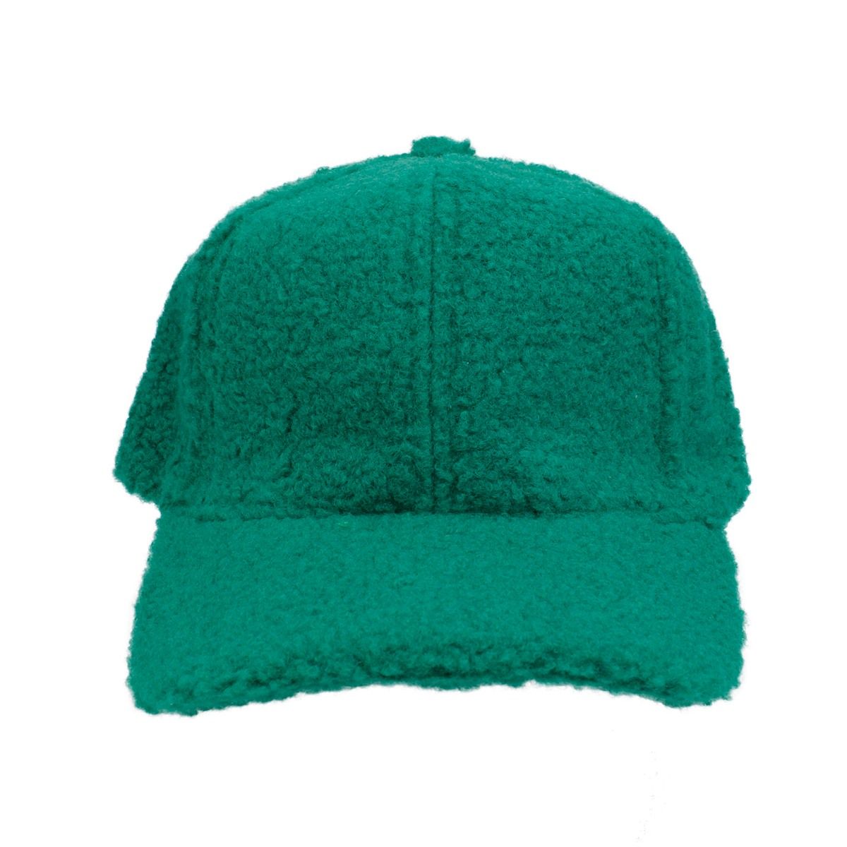 Green plush sherpa baseball cap worn on head women front view