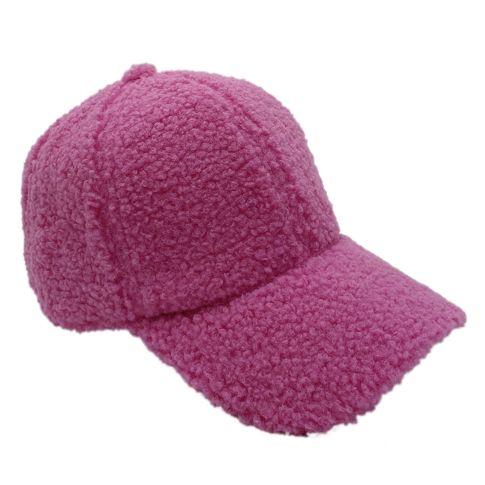 Pink sherpa baseball hat plush detail close up side view