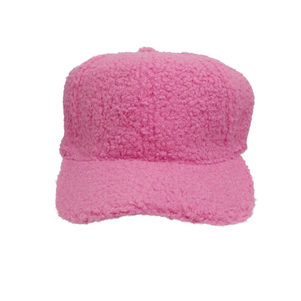 Pink soft sherpa baseball cap worn on head women front view