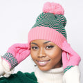Pink green zig-zag beanie hat vibrant fashion accessory women bold