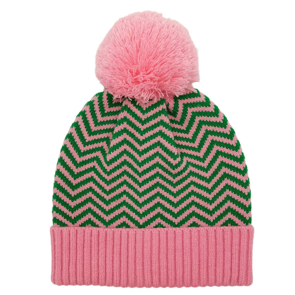 Pink green zig zag beanie hat detail close up zig zag pattern