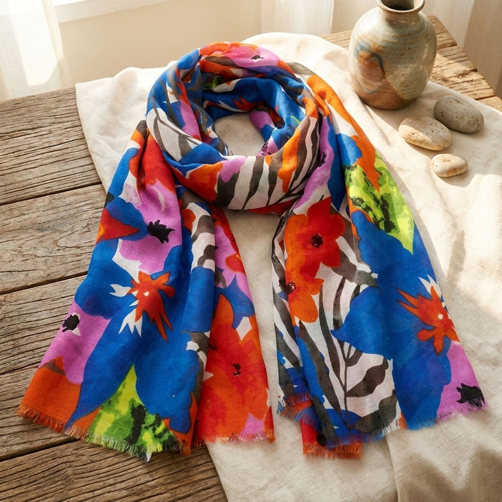 Long Blue Watercolor Floral Scarf