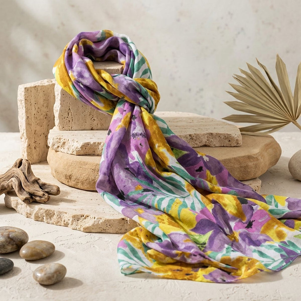 Long Purple Watercolor Floral Scarf