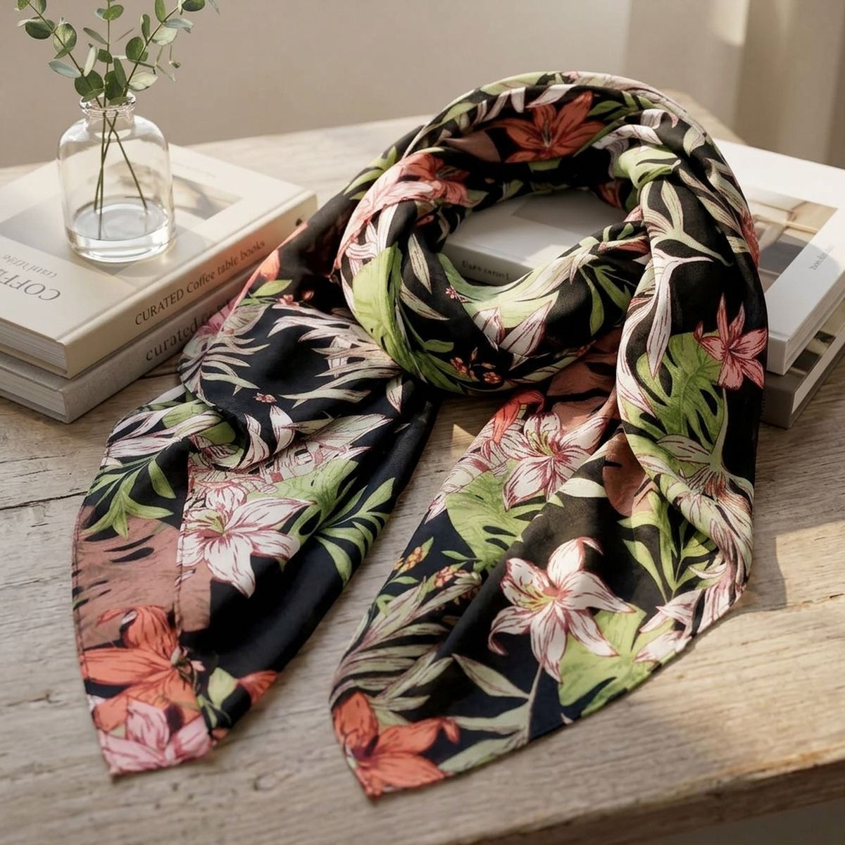 Long Black Palm Leaf Print Scarf |74" x 35"