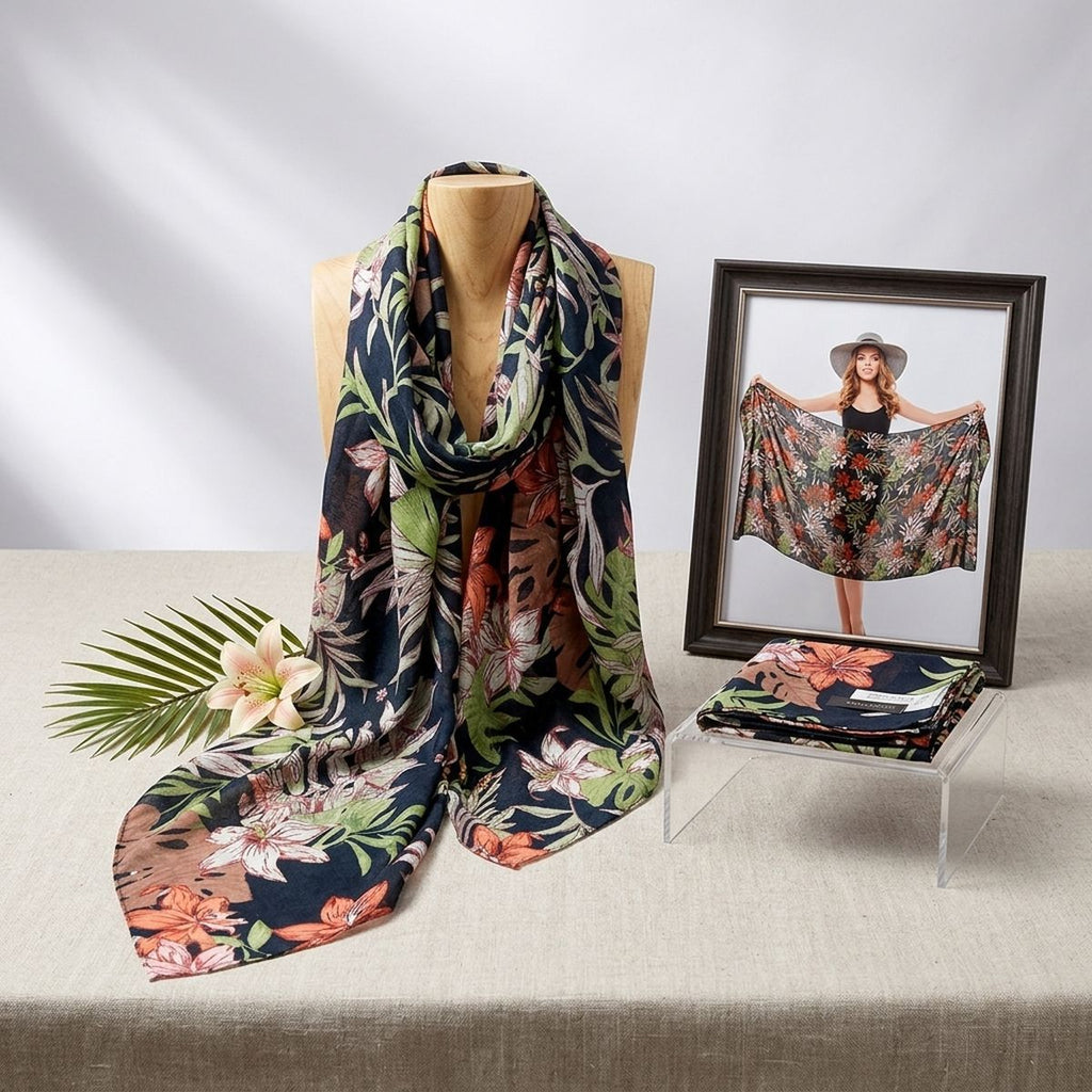 Long Black Palm Leaf Print Scarf |74" x 35"