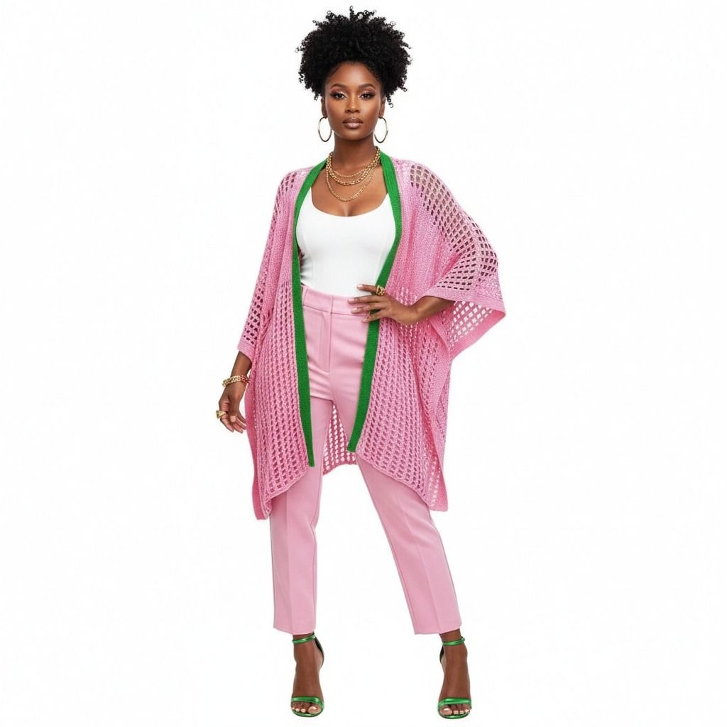 Pink green crochet kimono ruana stitch perfect layering beach cover-up women