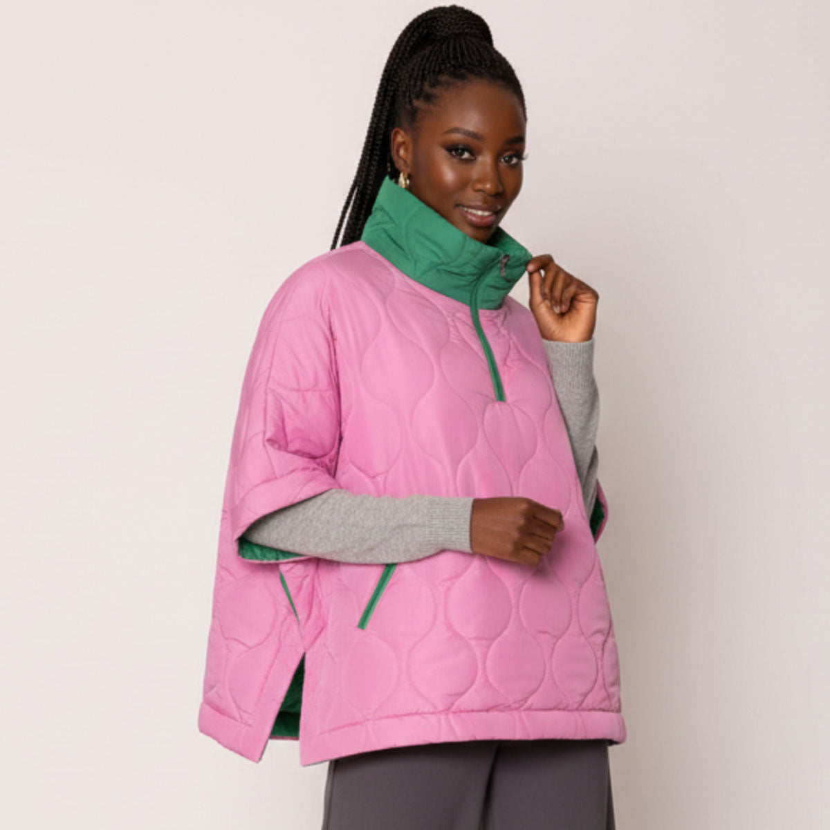 Pink and Green Poncho Quilted Puffer Pink and Green Poncho
