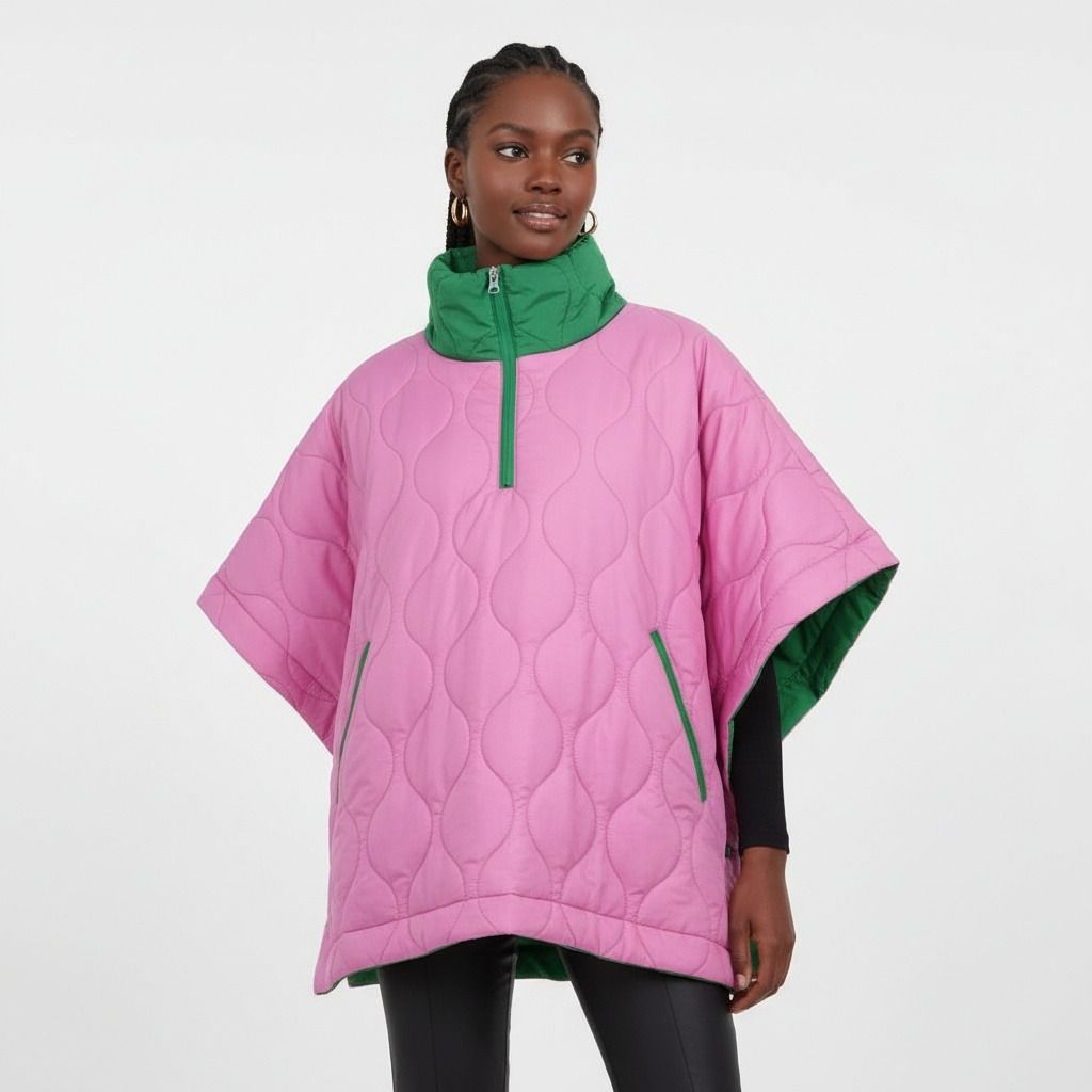 Pink and Green Poncho Quilted Puffer Pink and Green Poncho