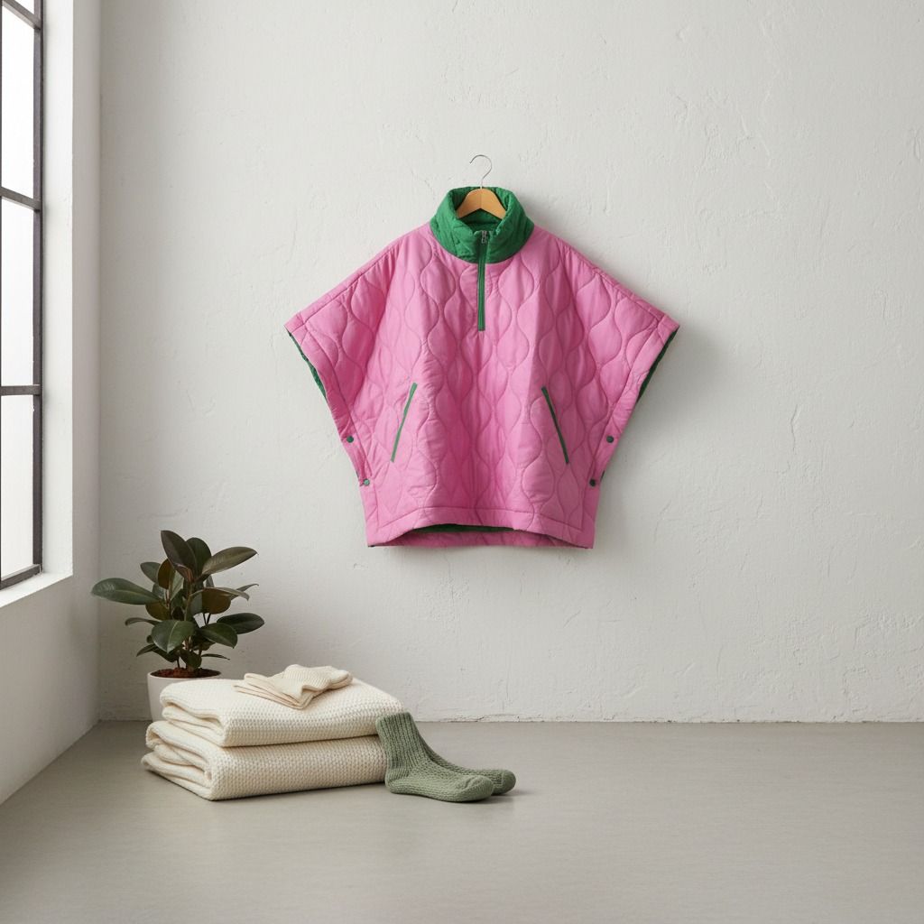 Pink and Green Poncho Quilted Puffer Pink and Green Poncho