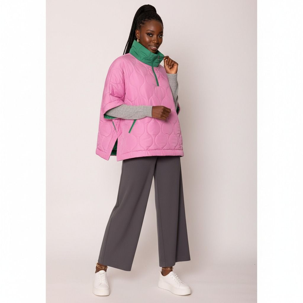 Pink and Green Poncho Quilted Puffer Pink and Green Poncho