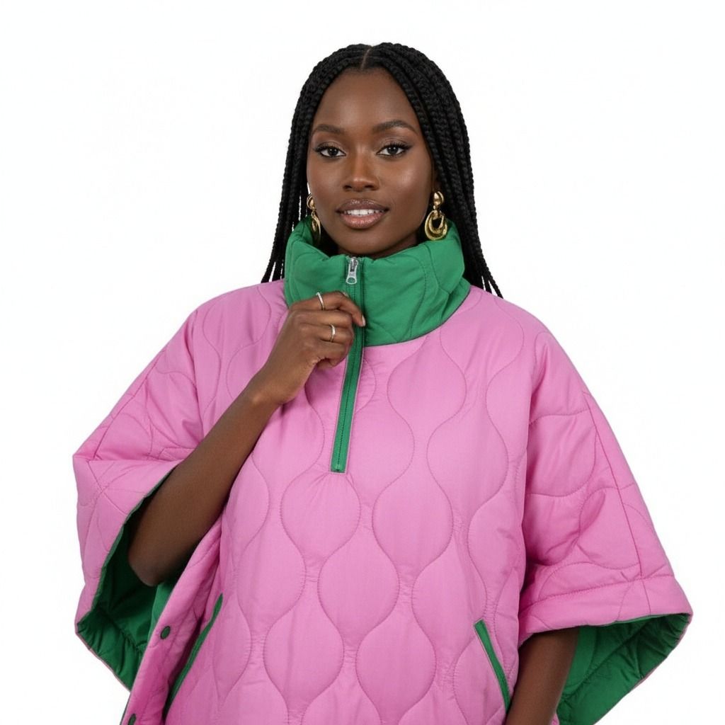 Pink and Green Poncho Quilted Puffer Pink and Green Poncho