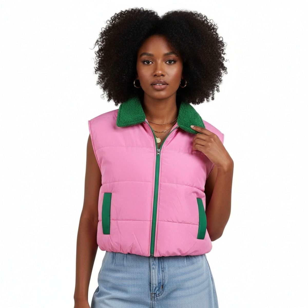 Pink green shearling collar puffer vest front view vibrant colors women