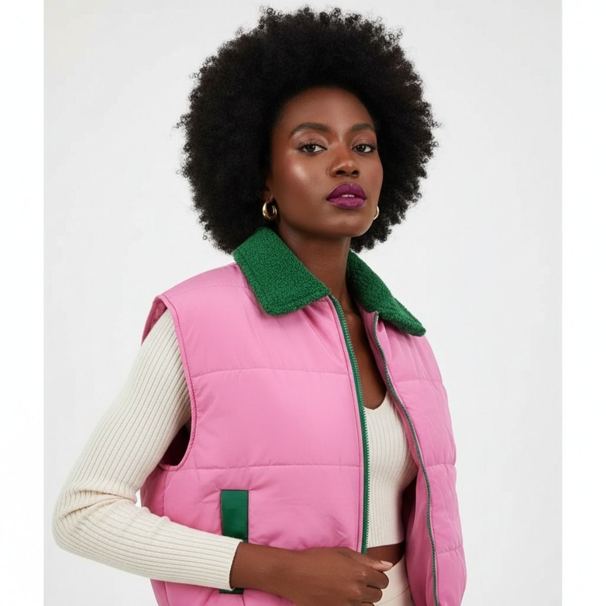 Pink green shearling collar puffer vest warm fashion statement women bold