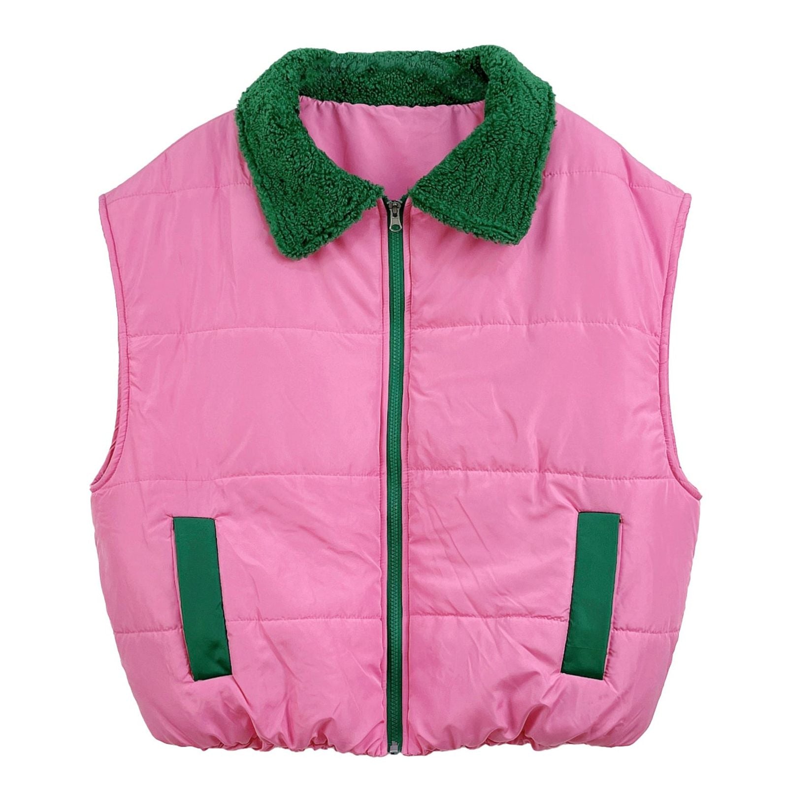 Pink green puffer vest shearling collar side view fashion women