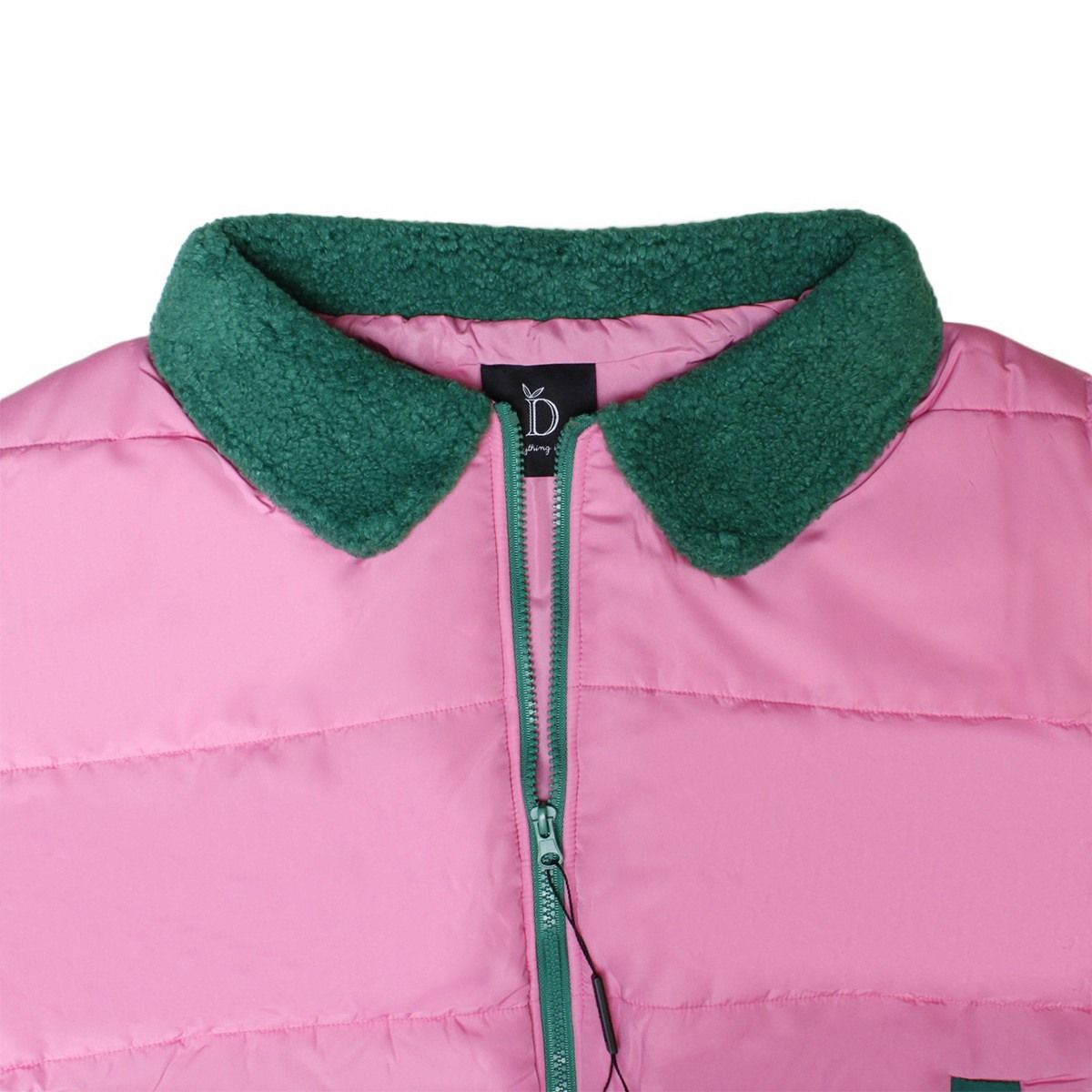 Pink green puffer vest detail close up shearling collar texture