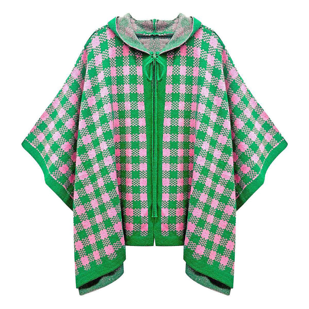 Pink green checkered knit poncho detail close up knit pattern