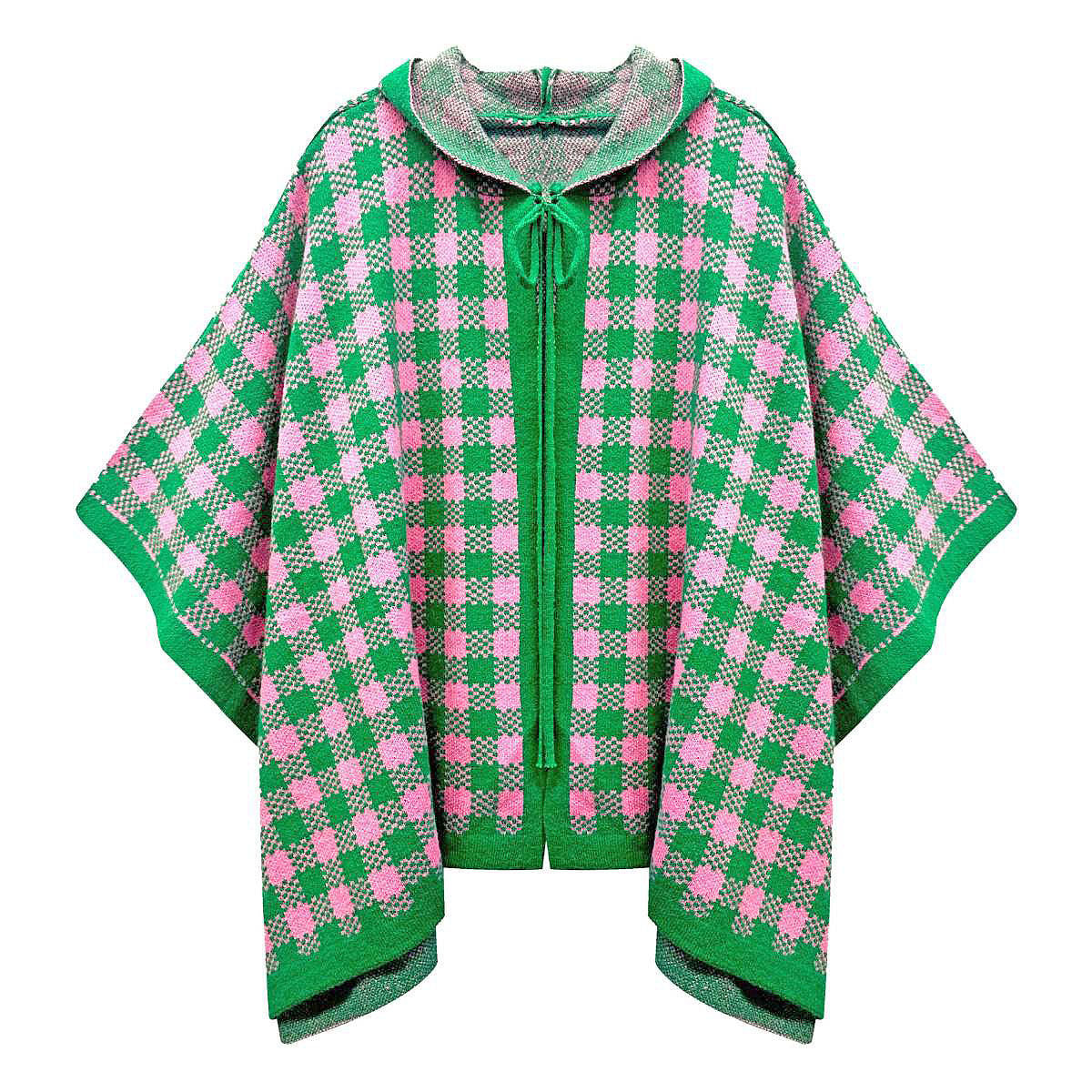 Pink green checkered knit poncho detail close up knit pattern