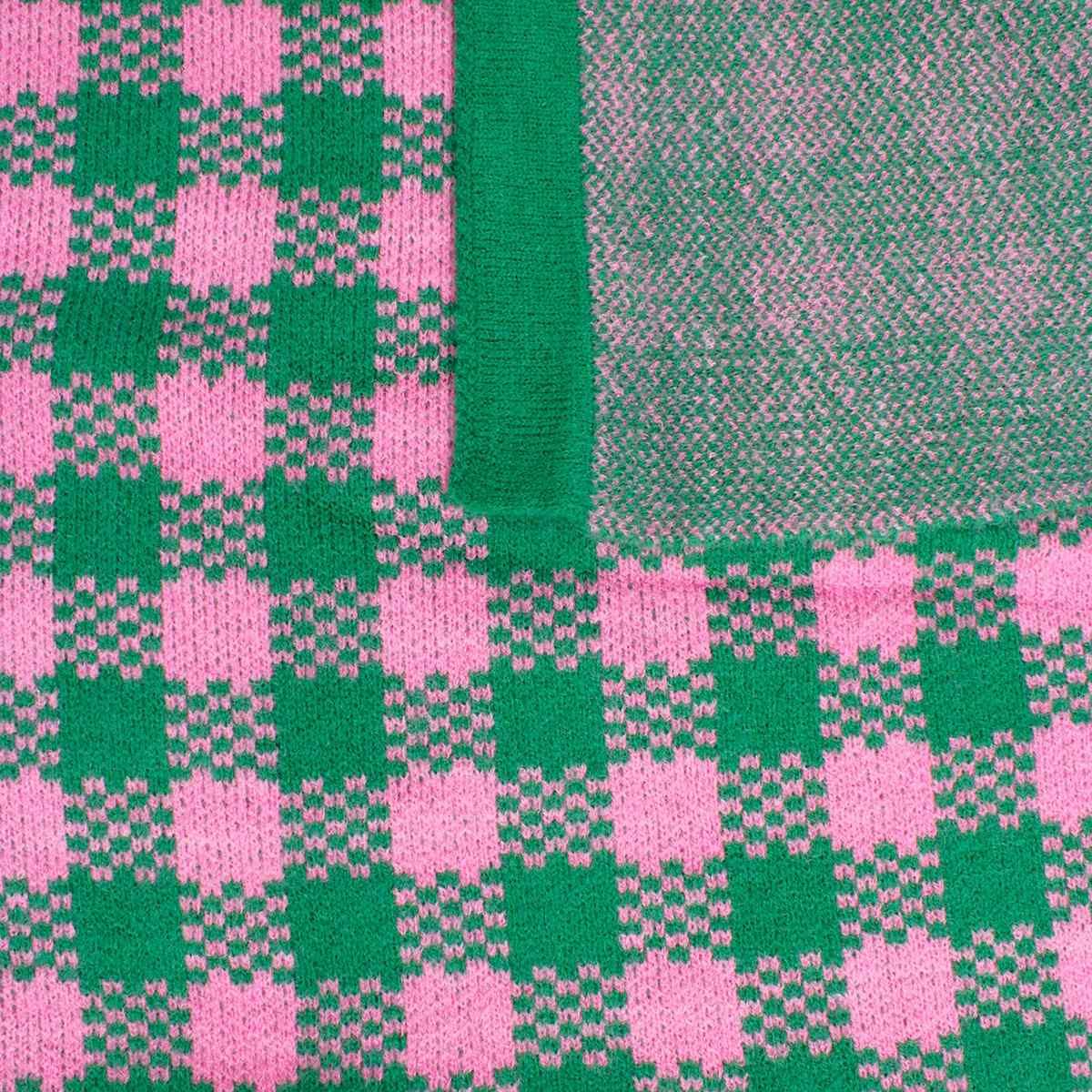 Pink green checkered knit cape worn front view women full length