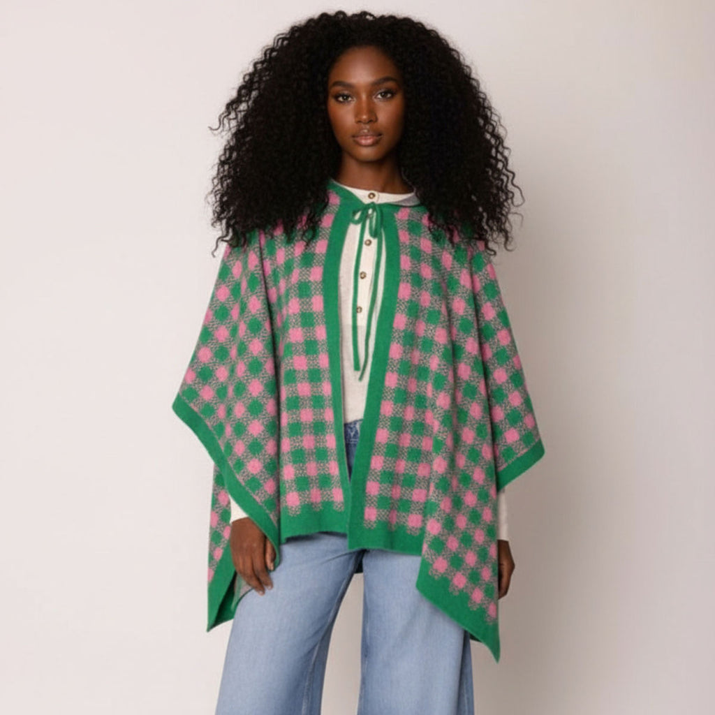 Pink green checkered knit poncho cape bold cozy fashion statement women