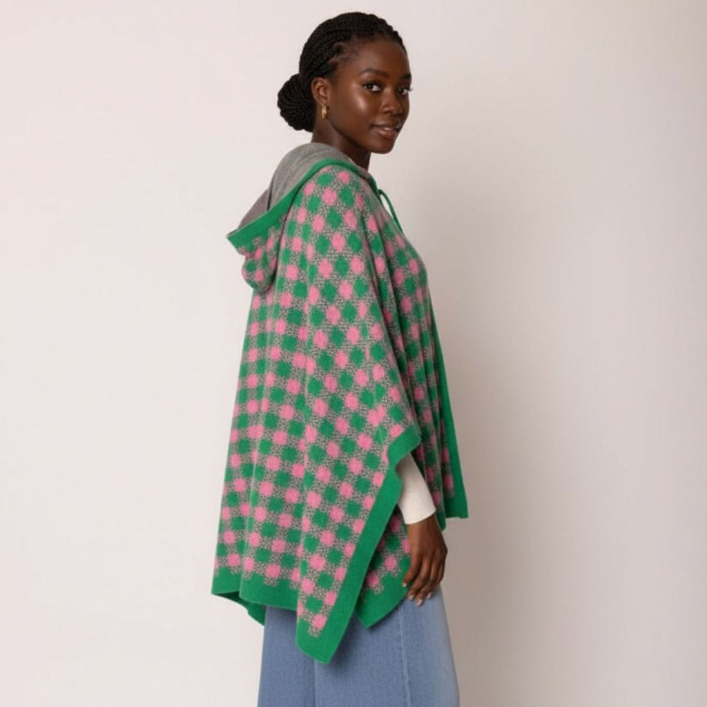Pink green knit poncho back view checkered pattern detail