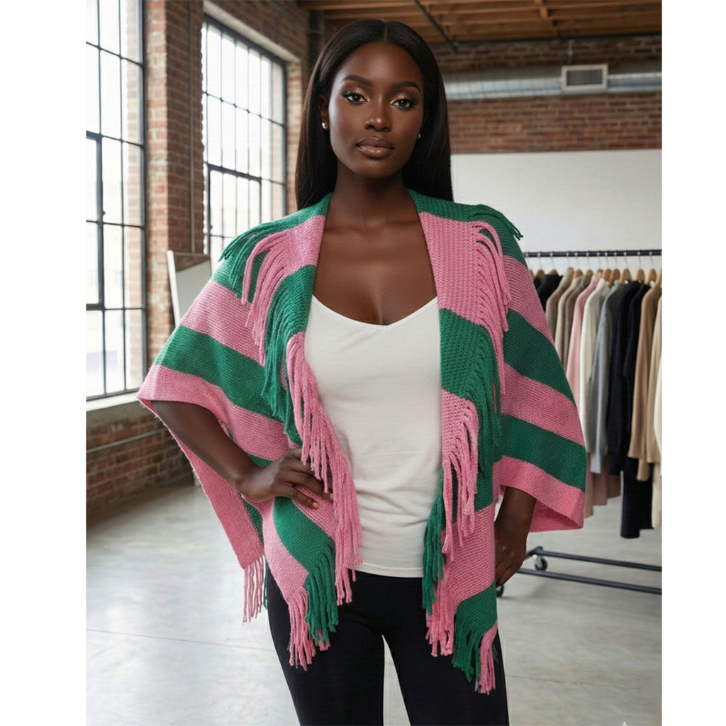 Pink green fringe cocoon cardigan layering top worn front view women