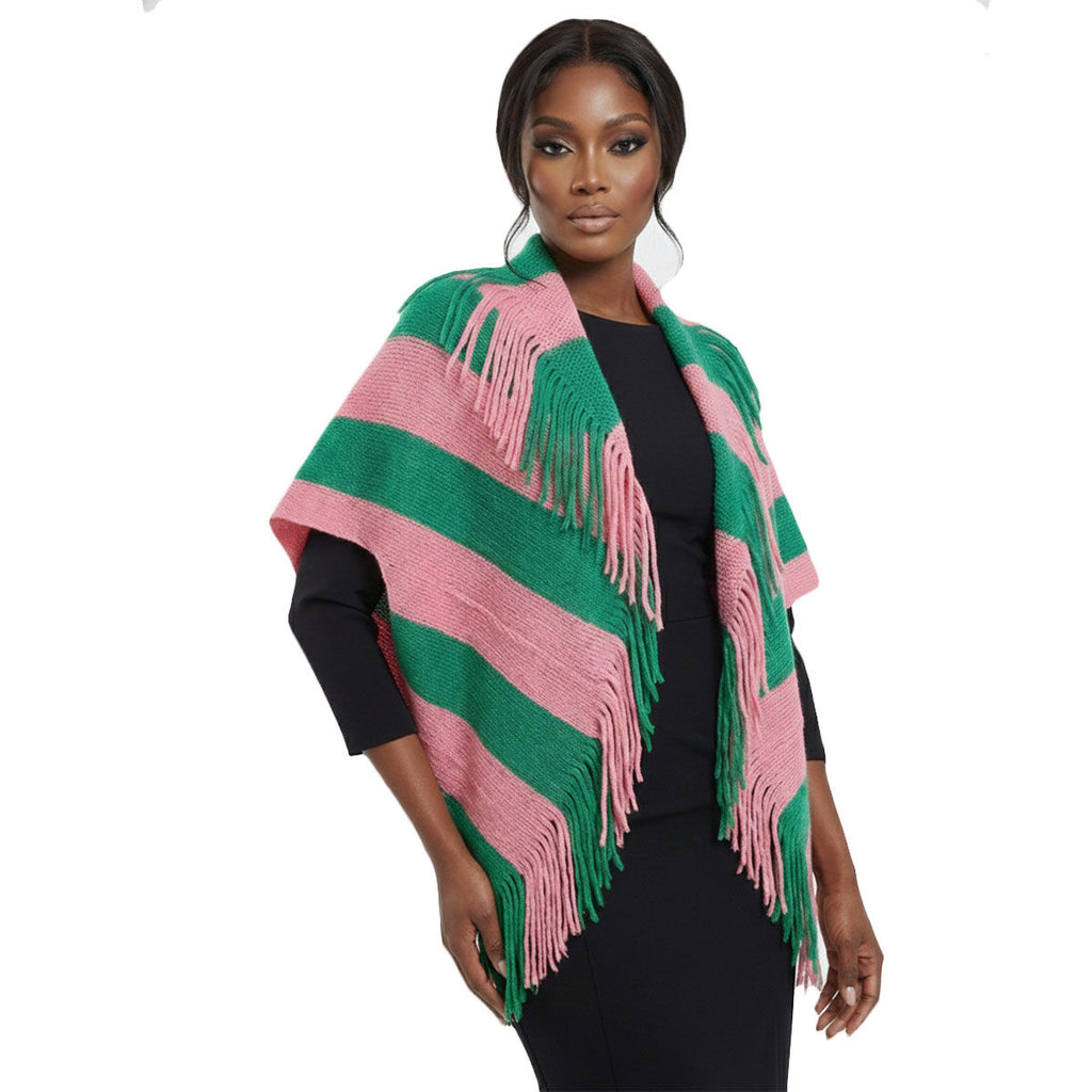 Pink green stripe fringe cocoon cardigan top soft knit layering women bold