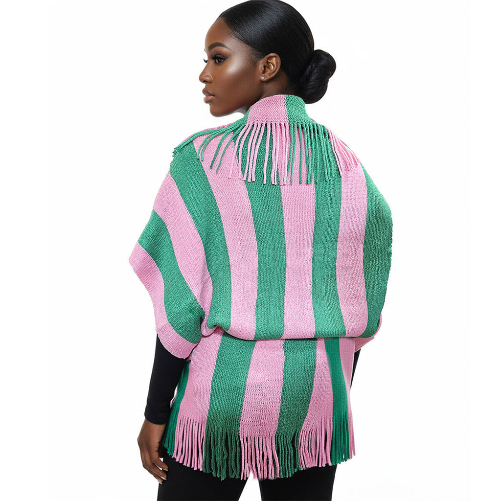 Pink green stripe cocoon top fringe detail close up knit texture