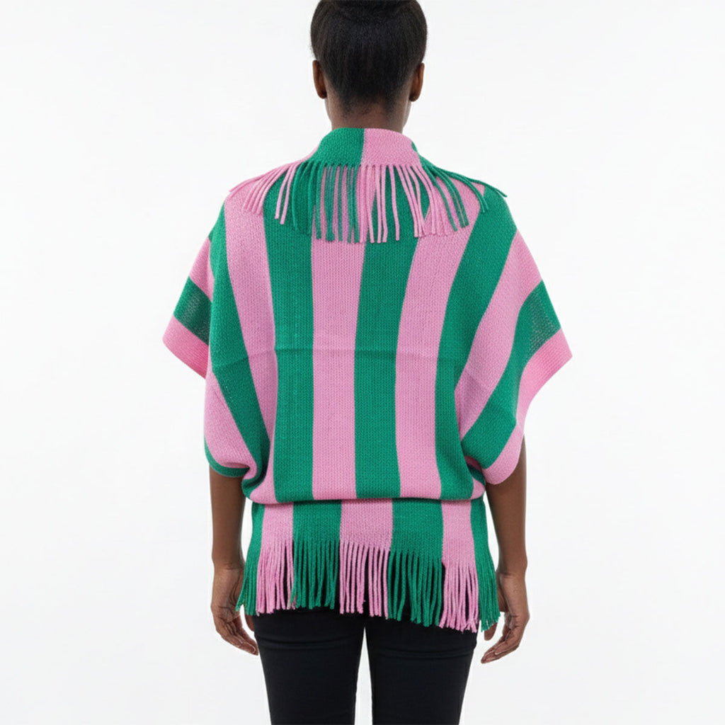 Pink green stripe fringe top full length women worn open layered