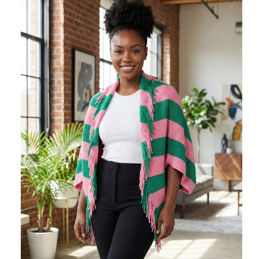 Pink green cocoon top back view fringe knit detail