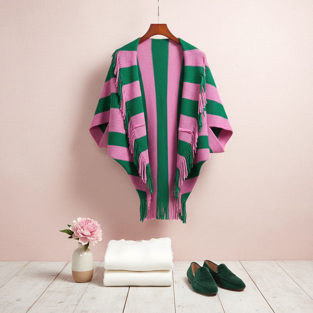 Pink green stripe knit cocoon top side view fringe layering fashion