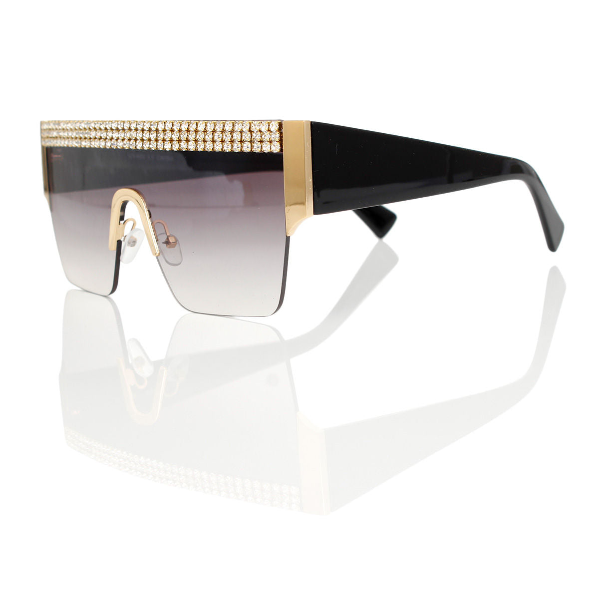 Black shield pave rhinestone brow line sunglasses women UV400 glam eyewear