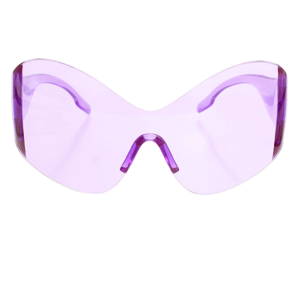 Purple bold butterfly mask shield sunglasses on face front view