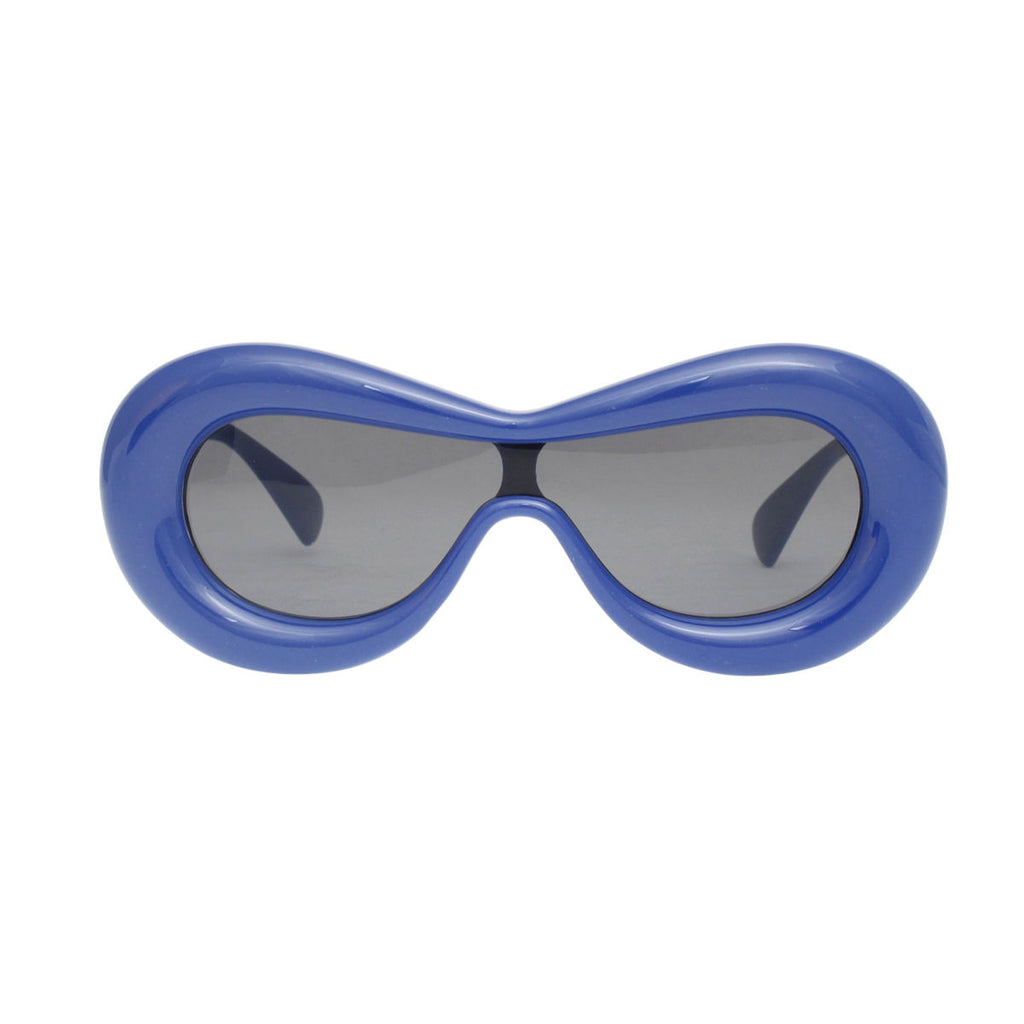 Blue puffed visor sunglasses women side profile chunky rounded view